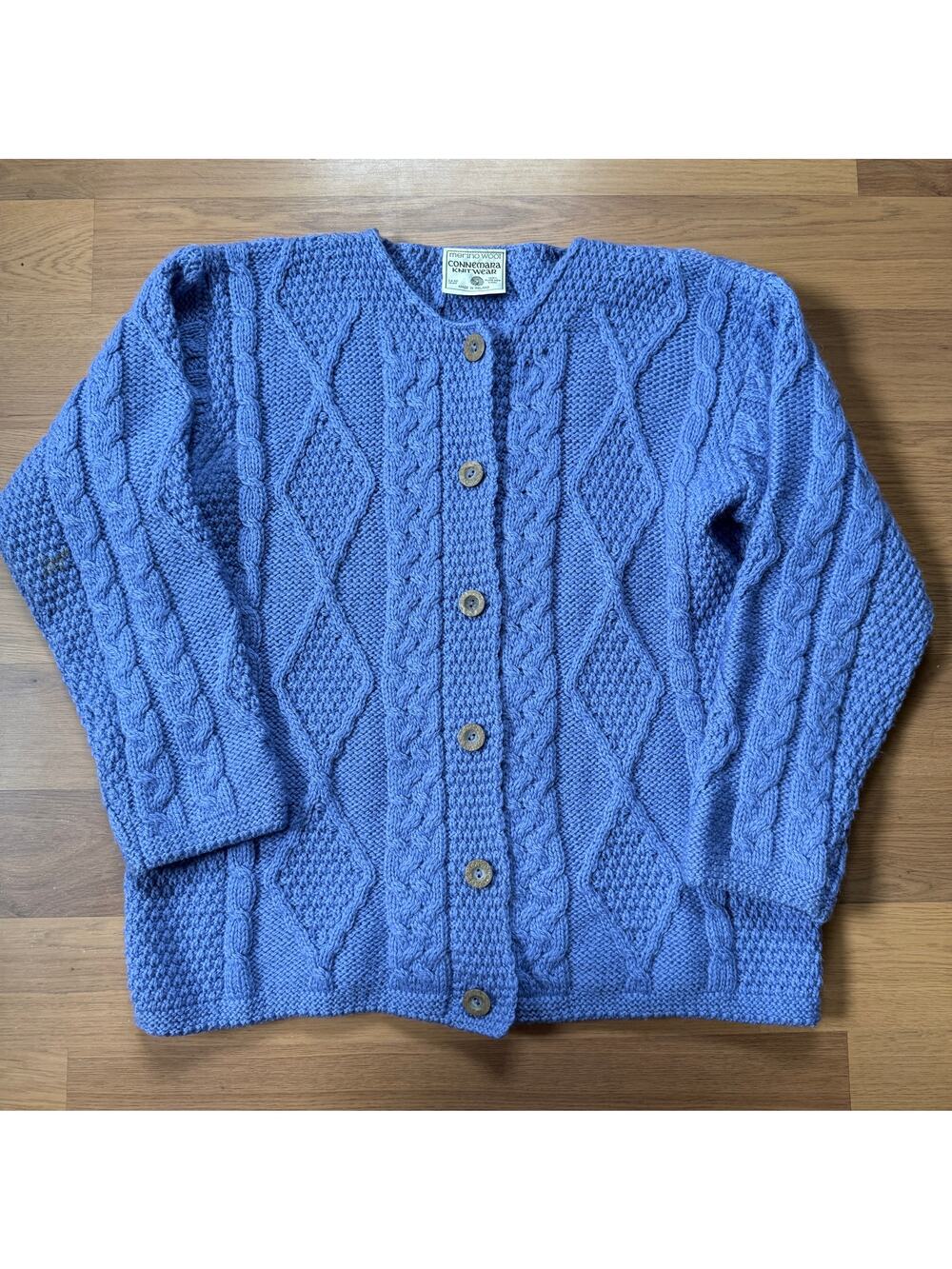 Women's Vintage Connemara Knitwear Blue Merino Wool Cable Knit Sweater Sz Large